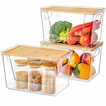 3 Set Pantry Organizers and Storage with Bamboo Lids, Stackable Clear Bins for Onion, Potato, Fruit, Vegetables, Trash Bag Dispenser, Kitchen and Under Sink Organizer - size: 3 Pack Large