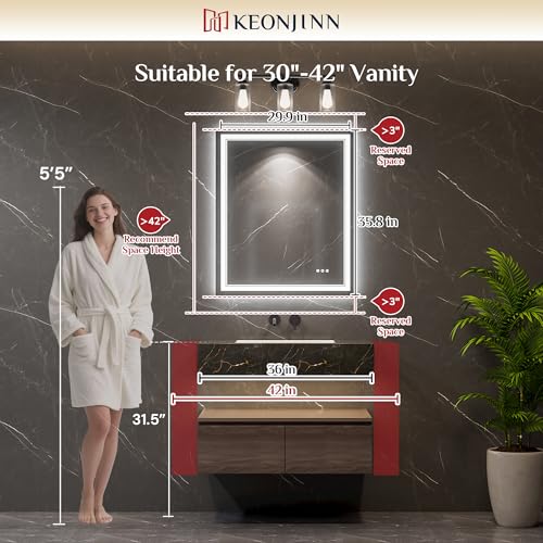 Keonjinn 30 x 36 Inch LED Bathroom Mirror with Lights, Frontlit & Backlit | Bluetooth Speaker, Bluetooth Mirror Bathroom, HD Tempered Glass, 3000K/4500K/6000K, Dimmable, Fast & Safe Defogging, CRI90+ - size: 36"L x 30"W