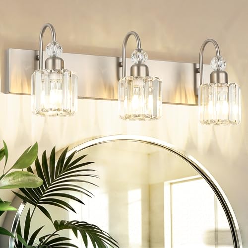 Ralbay Brushed Nickel Vanity Light for Bathroom Crystal 3-Light Modern Bathroom Light Fixtures - color: Round-Brushed Nickel, size: 3-light
