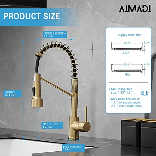 AIMADI Gold Kitchen Faucet with Sprayer,Modern Single Handle Spring | Brushed Gold Pull Down Kitchen Faucet with LED Light - color: Brushed Gold led
