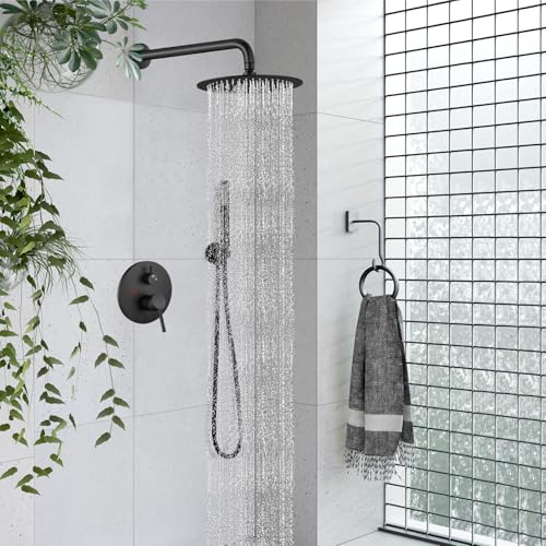 gotonovo Shower Faucet Set with Rough-in Valve Trim Kit,Matte Black | 10 Inch Round Rain Showerhead with Handheld Spray,Bathroom Wall Mount Shower System Complete Combo,2-in-1 Diverter,All Metal - color: Black