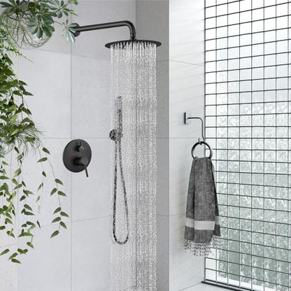 gotonovo Shower Faucet Set with Rough-in Valve Trim Kit,Matte Black | 10 Inch Round Rain Showerhead with Handheld Spray,Bathroom Wall Mount Shower System Complete Combo,2-in-1 Diverter,All Metal - color: Black