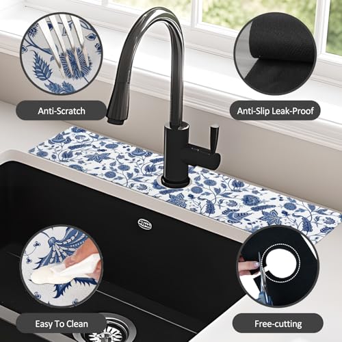 24" X 5.5" Kitchen Sink Splash Guard Faucet Mat Flora Super Absorbent Fast Drying Faucet Guard & Draining Mat Sink Splash Guard Behind Faucet for Kitchen, Bathroom - size: 24" x 5.5"