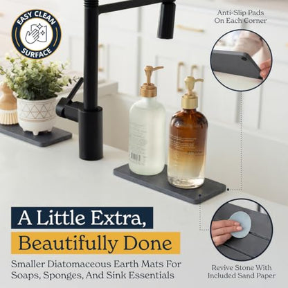 Oleex 3-Pack Stone Dish Drying Mat Set Includes 1 Large 24”x16” & 2 Small 4”x9” for Kitchen Counter-Collapsible Diatomaceous Earth Pad Absorbs Water & Dries Dishes Fast, Non-slip, Odor-Resistant Mats - color: Dark Gray