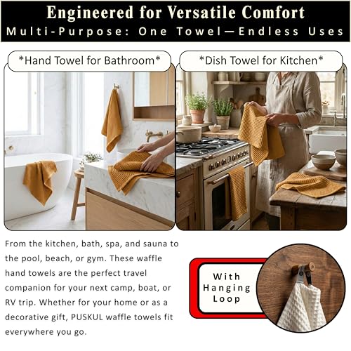 PÜSKÜL Natural 100% Turkish Cotton Waffle Kitchen and Hand Towels, 3-Piece | Mustard Yellow 32x16" Large Premium 3D Honeycomb Weave Soft Absorbent Quick-Dry Lint-Free Dish Towel, Oeko-Tex Made in Turkey - color: Mustrad Yellow, size: Kitchen & Hand Towels