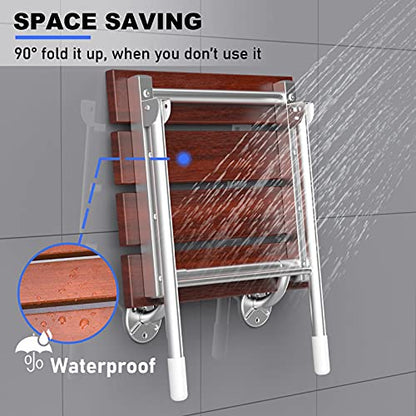 Folding Shower Seat Wall Mount, Foldable Wall Wood Shower Chair Bench for Seniors, Bathroom Safety Shower Stool for Small Shower