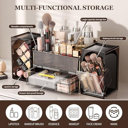 INVSSENE Stackable Makeup Organizer Countertop, Storage Perfume Skincare Cosmetic Lipstick Face Mask Makeup Brush Palettes, Ideal for Vanity Bathroom Counter - color: 3516 Coffee+Clear