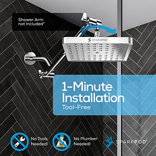 SparkPod Rain Shower Head, 8 Inch Square, Luxury Polished Chrome Finish | High Pressure Shower Heads, 90 Nozzles, Adjustable Showerhead, No Tools Needed, Universal Connection - color: Luxury Polished Chrome, style: 8 Inch Square