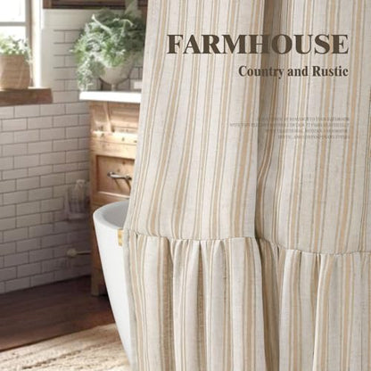 Farmhouse Shower Curtain Ruffle Linen Cream-Beige Stripe 72"W x 84"L | Farmhouse Boho, Striped, Bottom Ruffle, Linen Fabric, Rustic, Country, Natural Look, Washable, for Bathroom Bathtub - color: Cream-beige Stripe, size: 72"W x 84"L