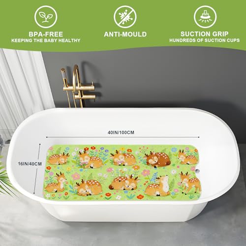 Baby Bath Mat for Tub Non Slip Kids, BPA Free Extra Long Bathtub Mat 40x16 with Drain Holes and 200 Suction Cups, Non Toxic Machine Washable Toddler Bath Mat, Eco-Friendly Certified - color: Green Deer