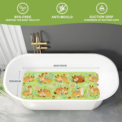 Baby Bath Mat for Tub Non Slip Kids, BPA Free Extra Long Bathtub Mat 40x16 with Drain Holes and 200 Suction Cups, Non Toxic Machine Washable Toddler Bath Mat, Eco-Friendly Certified - color: Green Deer