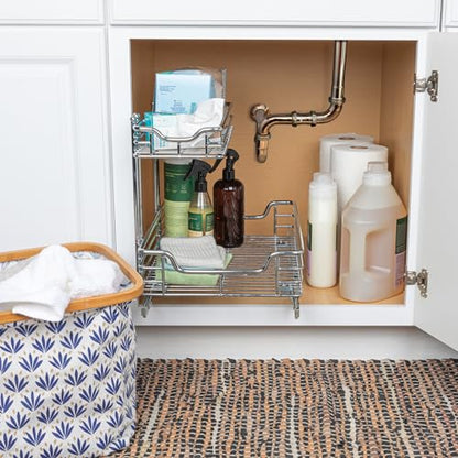 Household Essentials Glidez 2‑Tier Multipurpose Chrome‑Plated Steel Pull‑Out/Slide‑Out Under Sink Organizer, Chrome Finish - size: 12.25" - Standard, style: Undersink