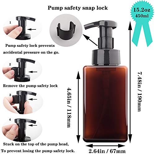 2 Pack Foaming Soap Dispenser, 15 Oz Refillable Plastic Pump, Amber Brown | 450ml Empty Foam Soap Bottles for Hand Soap, Ideal for Bathroom Vanities, Kitchen Sink, Hospital, Clinic and More