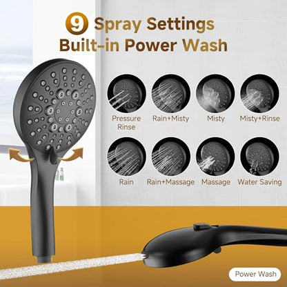 BRIGHT SHOWERS Rain Shower System Combo - 9 Inch Rainfall & Handheld Shower Heads with Power Wash, Solid Brass Rail, Height Adjustable Holder, 60 Inch Long Stainless Steel Hose, Matte Black - color: Matte Black, size: 1.8 Gallon Per Minute