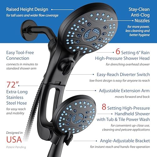 AquaCare 50-mode High Pressure Shower Head Combo with Arm & Dual Power Wash | Hygienic Jets, 2-mode Handheld Power Wash for Tub, Tile & Pets, Long 6 ft. Stainless Steel Hose, Extra Wall Bracket / Black - color: Matte Black, style: 1.8 Gallons Per Minute