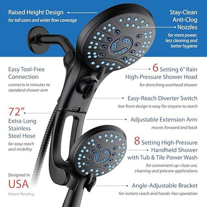 AquaCare 50-mode High Pressure Shower Head Combo with Arm & Dual Power Wash | Hygienic Jets, 2-mode Handheld Power Wash for Tub, Tile & Pets, Long 6 ft. Stainless Steel Hose, Extra Wall Bracket / Black - color: Matte Black, style: 1.8 Gallons Per Minute