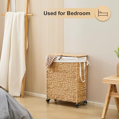 Rolling Laundry Hamper with Lid and Wheels, Slim Laundry Basket with Removable Liner Bag & 2 Mesh Bags, Handwoven Water Hyacinth Clothes Hamper for Bedroom Bathroom (Natural, 65L) - color: Natural/With Lid/65L