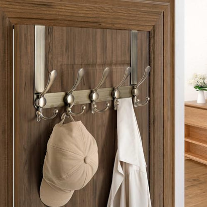 Over Door Hook 2.0 - Upgraded Version - Simple-Assembly, Strong, Heavy-Duty Stainless Steel 5-Tri-Hook Over The Door Hanger Rack, SimpleStrong Series, Bronze, Pack of 2 - color: Bronze