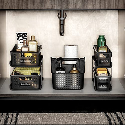 madesmart Premium Small 2 Tier Organizer, Under Cabinet Storage with Sliding Drawers, for Cleaning Supplies, Pantry, Sponges, Bottles, Adjustable Dividers & Pull Out Sliding Baskets, Carbon