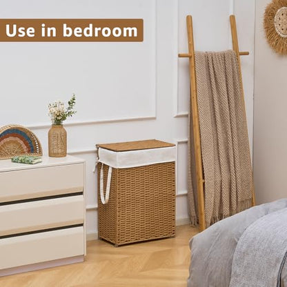 Slim Wicker Laundry Hamper with Lid, 55L Handwoven Rattan Basket with Handles, Narrow Laundry Basket with Removable Liner Bag & 2 Mesh Bags - color: Rattan with Lid, size: 55L
