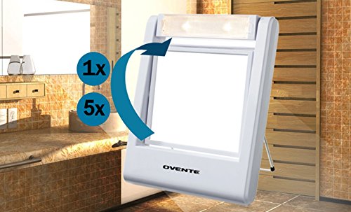 Ovente Square Makeup Mirror 5.5 Inch 1X 5X Magnification Glass LED Lighted 360 Degree Hand Held Double Sided Spinning Battery Operated Personal Compact Beauty Shaving Stand Plastic Travel White MLT22W