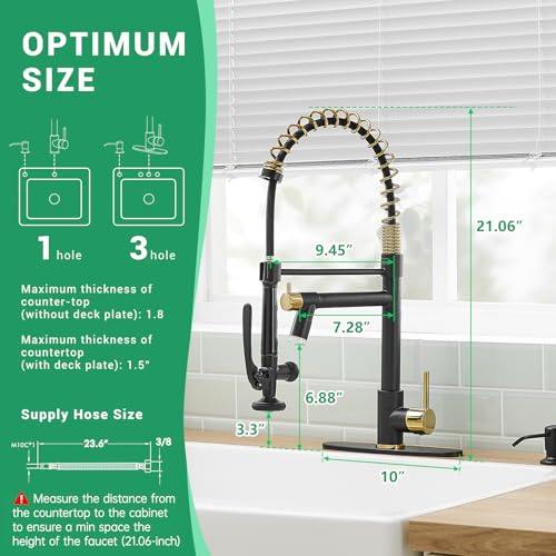Fapully Commercial Kitchen Faucets with Pull Down Sprayer Matte Black&Gold | LED Kitchen Faucet with Soap Dispenser and Deck Plack for 4 Hole, Single Handle Faucet for Kitchen Sink - color: Black&Gold, style: Contemporary