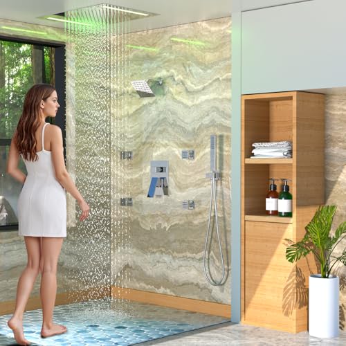 ENGA Dual Rain LED Shower System, 14"x20" Large Shower Head + 6" Wall Shower, 4 Body Jets with Individual On/Off & Adjustable Water Pressure, Rainfall Shower Faucet Set, Chrome - color: Chrome, style: 14X20" Led Shower - Body Jets
