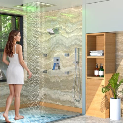 ENGA Dual Rain LED Shower System, 14"x20" Large Shower Head + 6" Wall Shower, 4 Body Jets with Individual On/Off & Adjustable Water Pressure, Rainfall Shower Faucet Set, Chrome - color: Chrome, style: 14X20" Led Shower - Body Jets