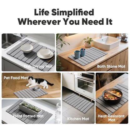 Stone Drying Mat for Kitchen Counter, Quick Diatomaceous Earth Mats for Dishes, 24"L x 16" W Super Absorbent Fast-Drying Collapsible Countertop Stone Mat (Light Grey, 24" x 16") - color: Light Grey