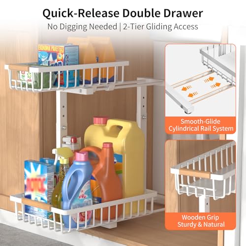 Under Sink Organizer, Under Sink Organizers and Storage, 2-Tier Pull Out Under Cabinet Organizer Storage Shelf, Metal Frame, Height Adjustable Rack for Bathroom Kitchen Pantry - style: White, 1-Pack