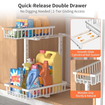 Under Sink Organizer, Under Sink Organizers and Storage, 2-Tier Pull Out Under Cabinet Organizer Storage Shelf, Metal Frame, Height Adjustable Rack for Bathroom Kitchen Pantry - style: White, 1-Pack