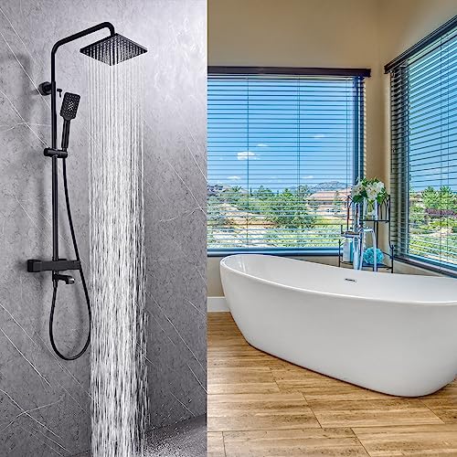 Thermostatic Outdoor Shower Fixtures System SUS304 Matte Black,Wall Mount Triple Function, with Adjustable Hand Sprayer and Tub Spout 8 inches Rainfall Shower Faucet, Square-Shaped,Bathroom