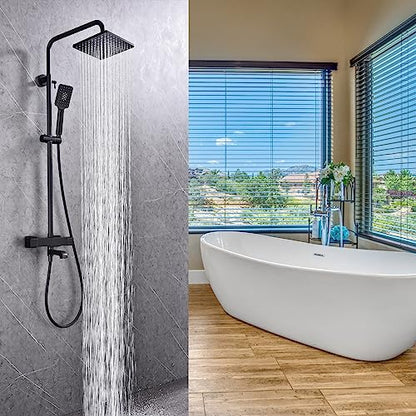 Thermostatic Outdoor Shower Fixtures System SUS304 Matte Black,Wall Mount Triple Function, with Adjustable Hand Sprayer and Tub Spout 8 inches Rainfall Shower Faucet, Square-Shaped,Bathroom