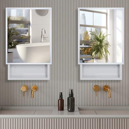 Plastic Medicine Cabinet with Mirror 16x26 inch, Recessed Medicine Cabinet or Surface Wall Mount Bathroom Cabinets with Removable Shelves, White Framed Mirror Cabinet - style: CS5003-1626