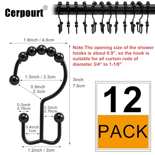 Shower Curtain Hooks, 12 Pcs Rustproof Metal Shower Curtain Rings,Free Sliding Double Shower Hooks for Shower Curtain & Liners, Shower Curtain Hangers for Bathroom Shower Curtain Rods Curtains (Black) - color: Black