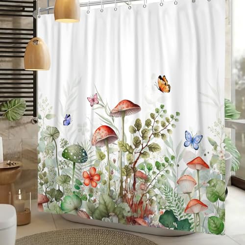 Boho Mushroom Shower Curtain Watercolor Green Leaves Butterfly Floral Botanical Flowers Shower Curtain Spring Nature Blossom Plant Fabric Bathroom Decor Curtain Set 48x72 inch - color: Green Red, size: 48"W x 72"L (Pack of 1)