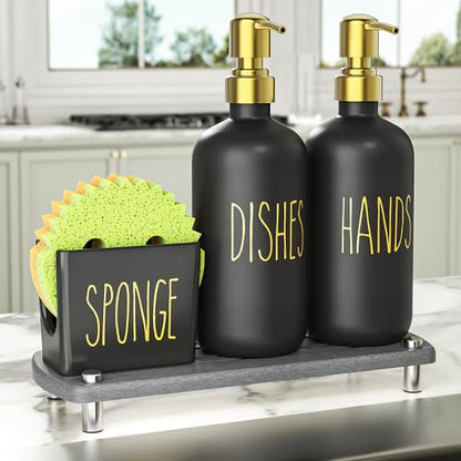 Cisily Kitchen Soap Dispenser Set Comes with Ceramics Sponge Holder, Gold Pumps, and Instant Dry Tray, Hand and Dish Soap Dispenser Set (4, Gold + Black + Sponge Holder) - color: Gold + Black + Sponge Holder