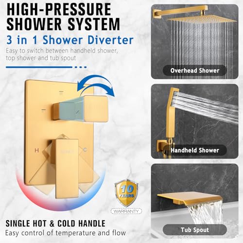 12 Inch Rainfall Shower System with Tub Spout Wall Mounted Complete Combo with Solid Brass Pressure Balancing Valve, High Pressure Shower Head, Handle Set & Installation Accessories - color: Brushed Gold