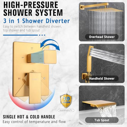 12 Inch Rainfall Shower System with Tub Spout Wall Mounted Complete Combo with Solid Brass Pressure Balancing Valve, High Pressure Shower Head, Handle Set & Installation Accessories - color: Brushed Gold