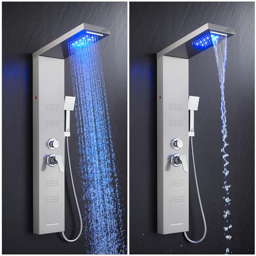 Shower Panel Tower System with LED Lights, Stainless Steel 5 in 1 Shower Panel with Rainfall Waterfall Shower Head, Body Spray, Handheld Shower, Tub Spout (Brushed) - color: Brushed Nickel -Wave Body Spray