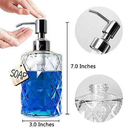 JASAI Diamond Design 12 Oz Glass Soap Dispenser with Rust Proof Pump | Kitchen Soap Dispenser with 304 Stainless Steel Pump, Bathroom Soap Dispenser for Hand Soap, Dish Soap, liquid Soap(Clear) - color: Clearglass-silver Pump, style: Diamond