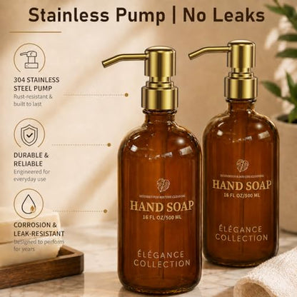 Fachixy Amber Glass Soap Dispenser 2 Pack, 16 Fl Oz, 14 Waterproof Labels | Rust-Resistant Stainless Steel Pump, Non-Slip Pad, Hand & Dish Soap Dispenser Bottles Set for Kitchen and Bathroom - color: Amber