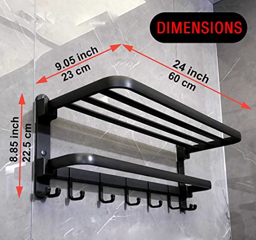 (1 Pack) Yariwiz Matte Black Towel Rack Wall Mounted No Drill and Screw Mounting, Bathroom Bath Shower Length 24 inch Double Towel Rod with Shelf Hotel Towel Rack B0503-MB - color: Style#3-black