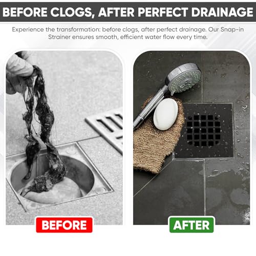 4-1/4” Square Snap-in Matte Black Shower Drain - Stainless Steel Replacement - 4.25 inch Durable Floor Cover -Snap-in - Easy Installation Universal Grate Strainer - color: Black