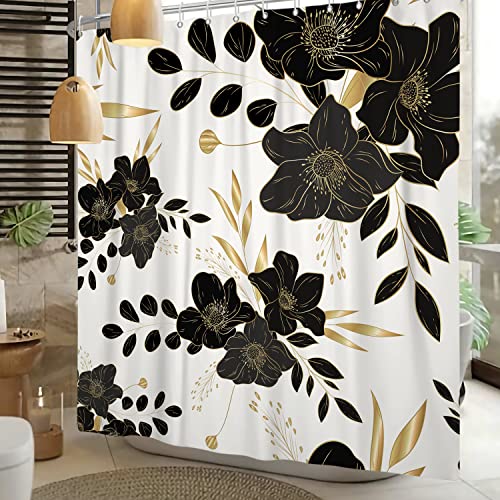 Black Flower Shower Curtain Boho Gold Leaves Botanical Aesthetic Floral Modern Plant Shower Curtain for Bathroom Decoration Polyester Fabric Curtain Set with Hooks 60x72 inch - color: Black White, size: 60"W x 72"L (Pack of 1)
