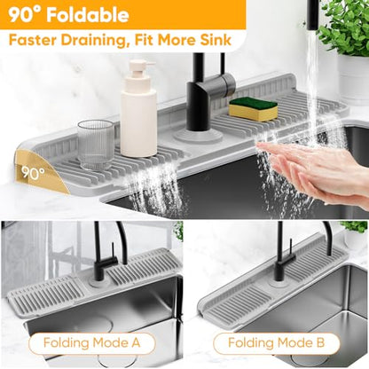 24'' Folding Faucet Mat for Kitchen Sink Splash Guard[7° Slope Fast Self-draining][Snap Lock Fit] Kitchen Sink Faucet Mat Splash Guard Kitchen Sink Area Water Splash Guard Behind Faucet Draining Mat - color: Light Gray, size: 24" x 5.5"