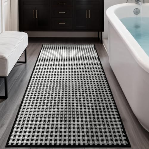 YIHOUSE Bathroom Rugs 24" x 59", Ultra Thin Checkered Weave Bath Mat - Soft Absorbent Quick Dry Bath Mat, Machine Washable Non Slip Bath Rugs for Bathroom, Shower and Tub, Black White - color: Black White, size: 24"x59"