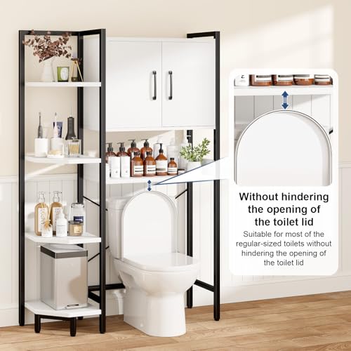 K2 Heavy Duty 7-Tier Over The Toilet Storage Cabinet（With Magnetic Doors & Adjustable Feet）Freestanding Above Toilet Shelf，Space Saver Bathroom Organizer 9.3"D x 31.5"W x 67.2"H，Beige White - color: White
