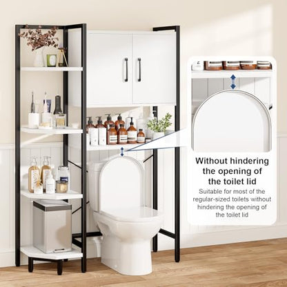 K2 Heavy Duty 7-Tier Over The Toilet Storage Cabinet（With Magnetic Doors & Adjustable Feet）Freestanding Above Toilet Shelf，Space Saver Bathroom Organizer 9.3"D x 31.5"W x 67.2"H，Beige White - color: White