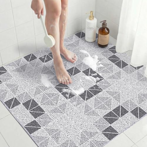 Anti Slip Loofah Shower Mat, 31"x31" Extra Square Large Shower Mats for Stand Up Showers, Quick Drying Bathtub Mat for Wet Room & Bathroom Floor, Easy to Cut & Easy to Clean, Gray Geometry - color: Gray Geometry, size: 31" x 31" (Square)